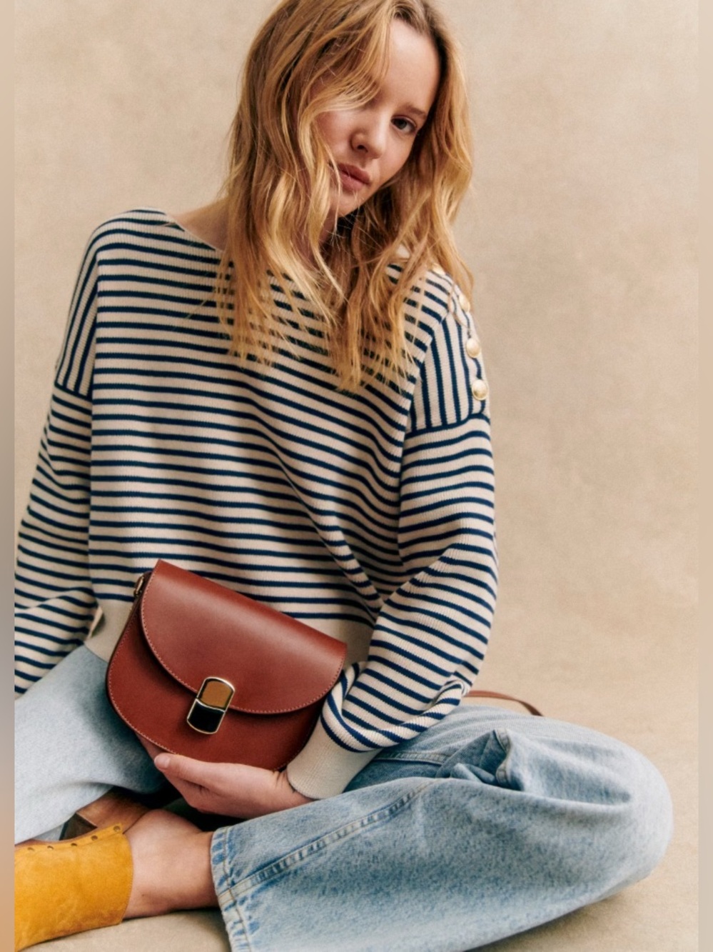NWT Sezane Daisy Jumper Striped Knit Sweater with Gold Button Detail size M